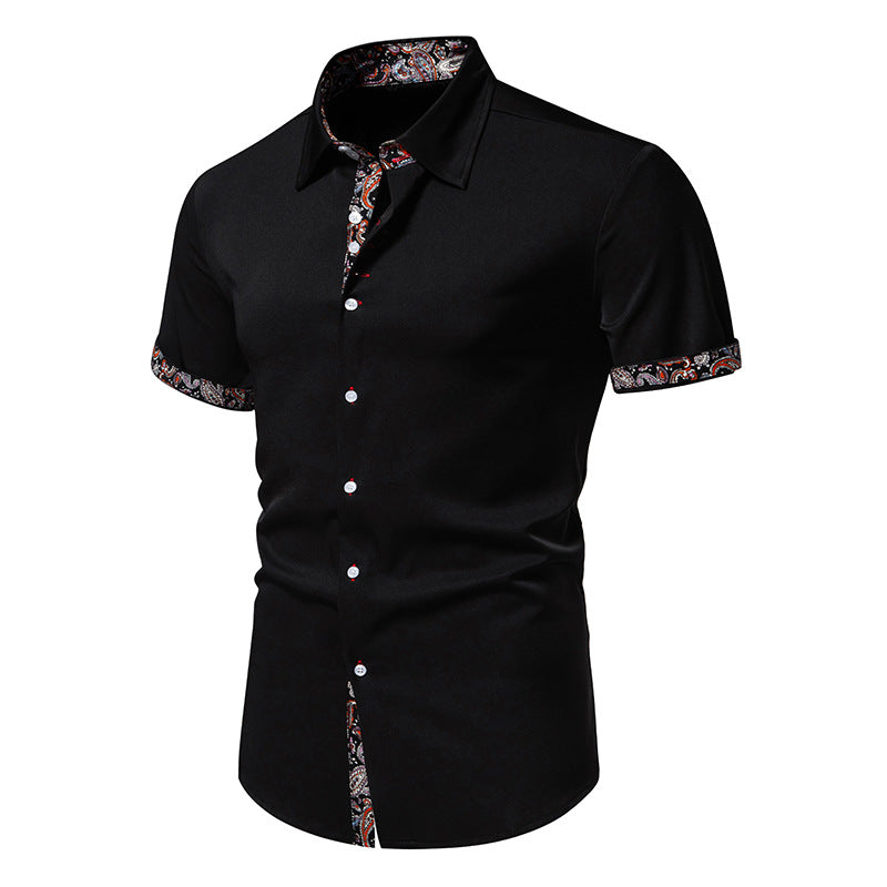 Men Floral Fabric Turnover Collar Short Sleeves Shirt