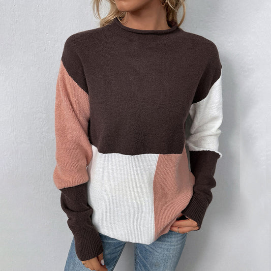 Women Sweaters Kniting Round Collar Pullover Bicolor Color Blocking