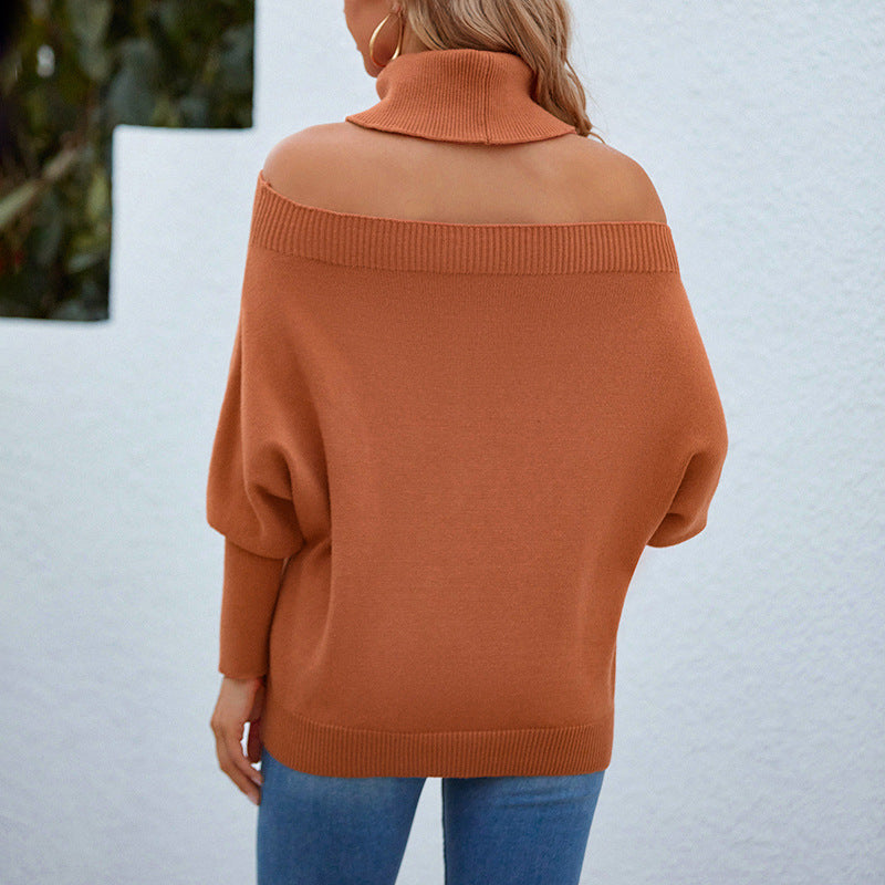 Women Sweaters Kniting High Collar Pullover Off Shoulder Long Sleeve