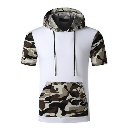 Men Short Sleeves Camo Pockets Drawstring Hoody T-Shirt