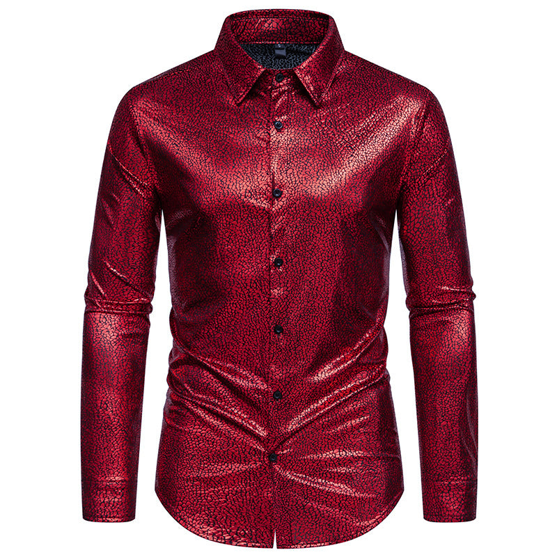 Men ʯ Patterns Glossy Turnover Collar Long Sleeves Shirt