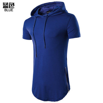 Men Short Sleeves Drawstring Hoody Long T-Shirt