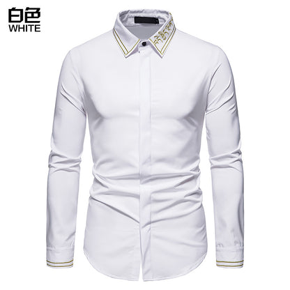 Men Embroidery Turnover Collar Long Sleeves Shirt