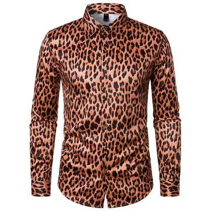 Men Turnover Collar Leopard Patterns Long Sleeves Shirt