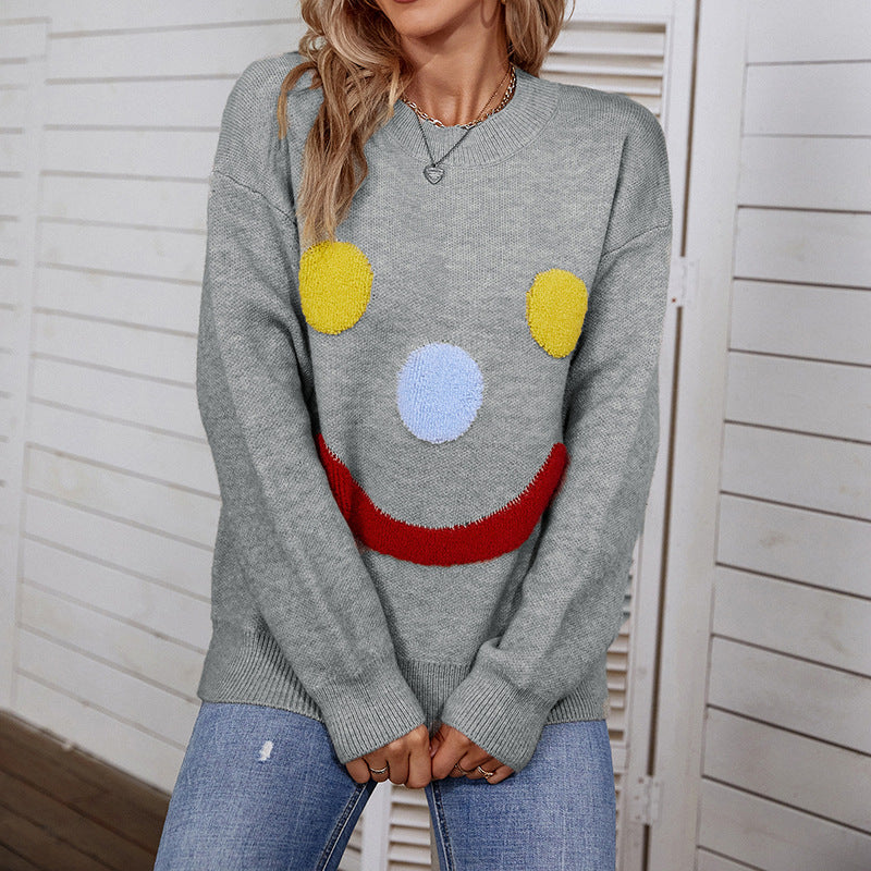 Women Sweaters Kniting Round Collar Pullover Clown Smiling Face Long Sleeve