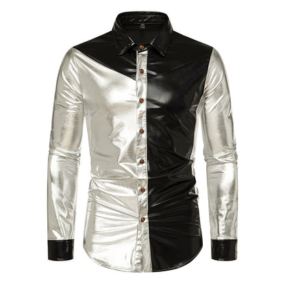 Men Turnover Collar Bicolor Patchwork Glossy Long Sleeves Shirt