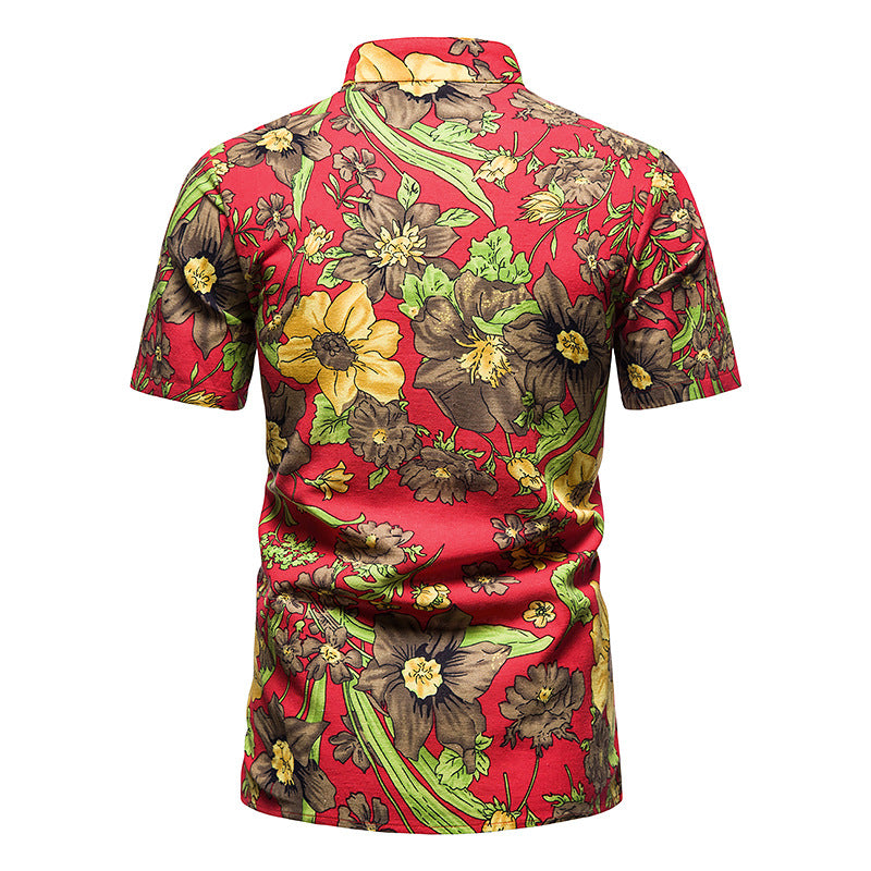 Men Turtleneck Floral Fabric Prints Short Sleeves Shirt