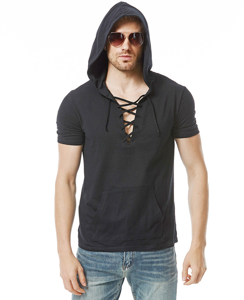 Men Short Sleeves Drawstring Hoody T-Shirt