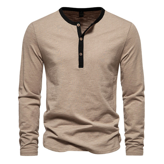 Men Crewneck Buttons Bicolor Long Sleeves T-Shirt