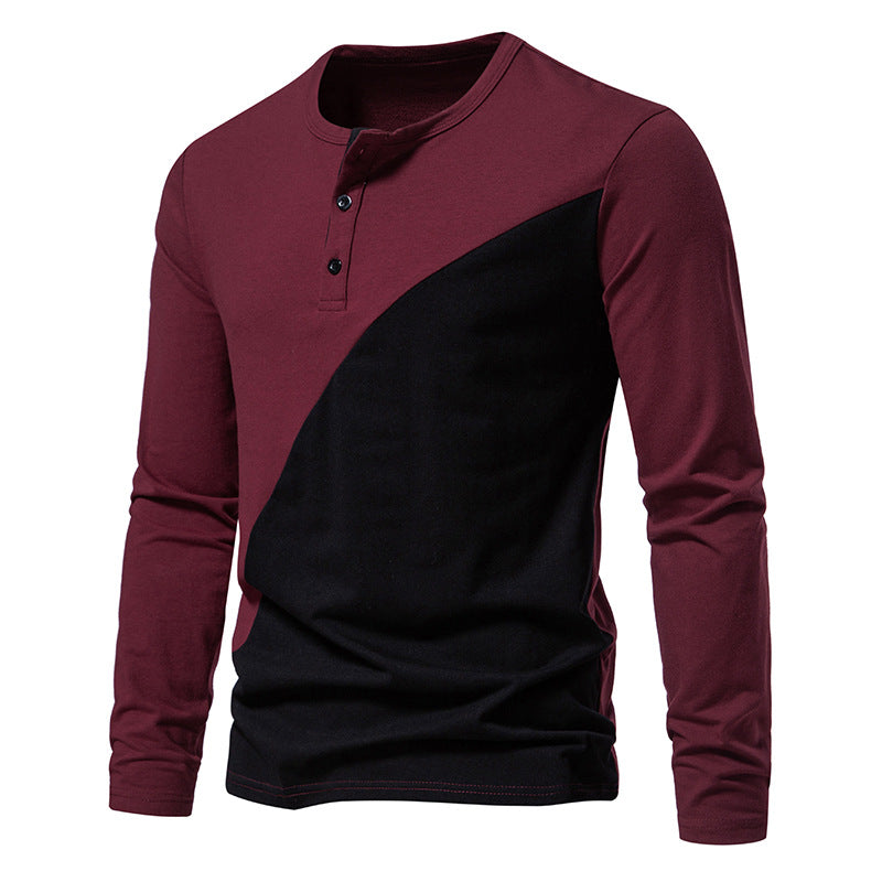 Men Crewneck Buttons Bicolor Long Sleeves T-Shirt