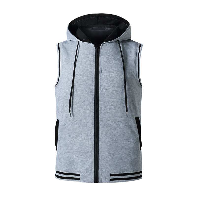 Men Sleeveless Zippers Drawstring Hoody T-Shirt