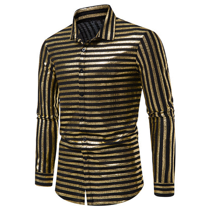 Men Turnover Collar Glossy Stripes Long Sleeves Shirt