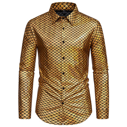 Men Turnover Collar Scales Glossy Long Sleeves Shirt