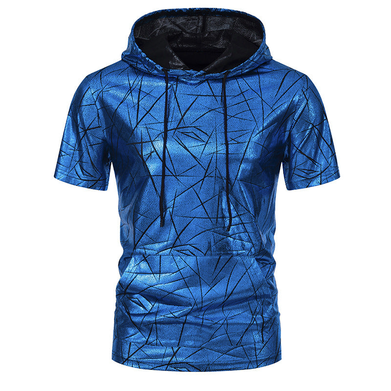 Men Pockets Short Sleeves Glossy Drawstring Hoody T-Shirt