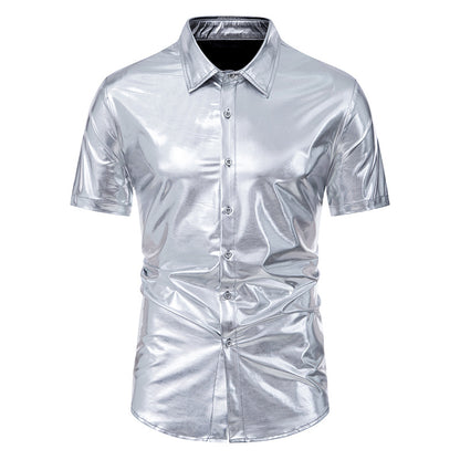 Men Glossy Turnover Collar Short Sleeves Shirt