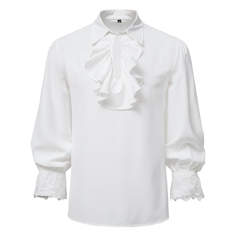 Men Ruffles Embroidery Turnover Collar Long Sleeves Shirt