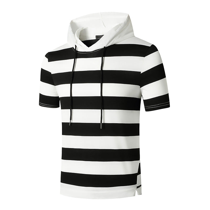 Men Slim Short Sleeves Stripes Drawstring Hoody T-Shirt