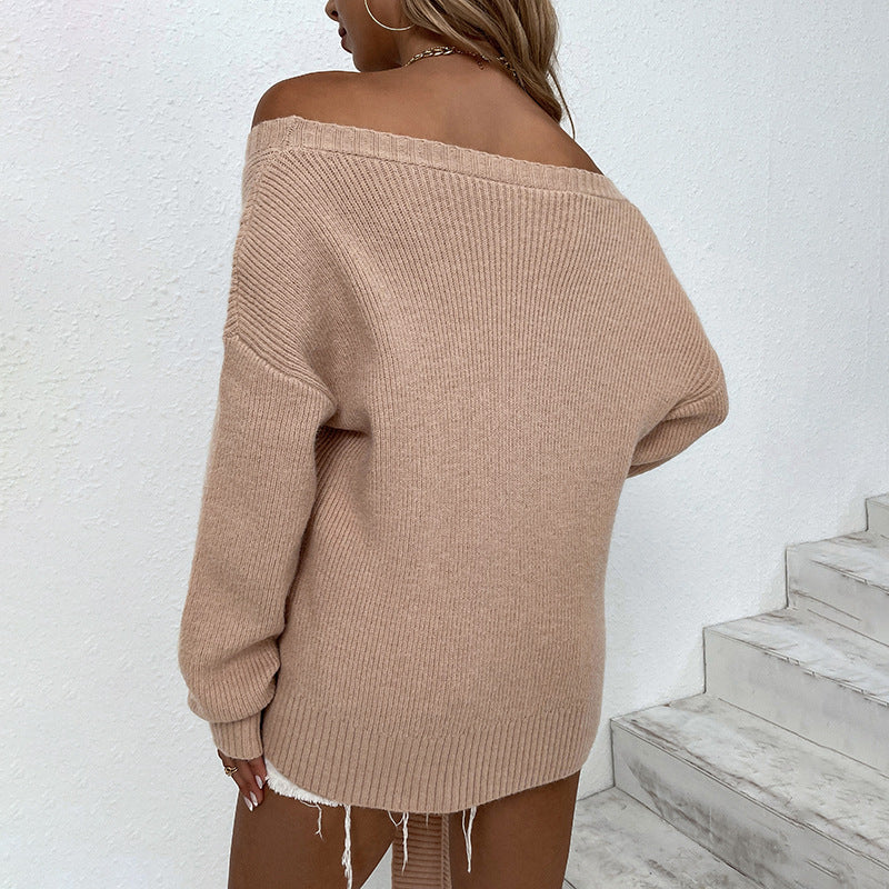 Women Sweaters Kniting Pullover Plain Open Shoulders Long Sleeve