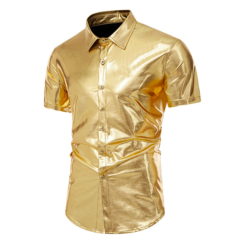 Men Glossy Turnover Collar Short Sleeves Shirt