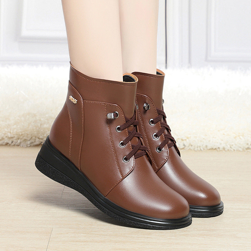 Women's Ankle Boots Lace-Up Warm Fluff Wedge Heel Booties