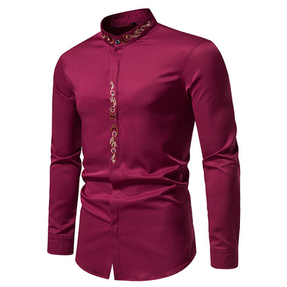 Men Embroidery Floral Fabric Turtleneck Long Sleeves Shirt