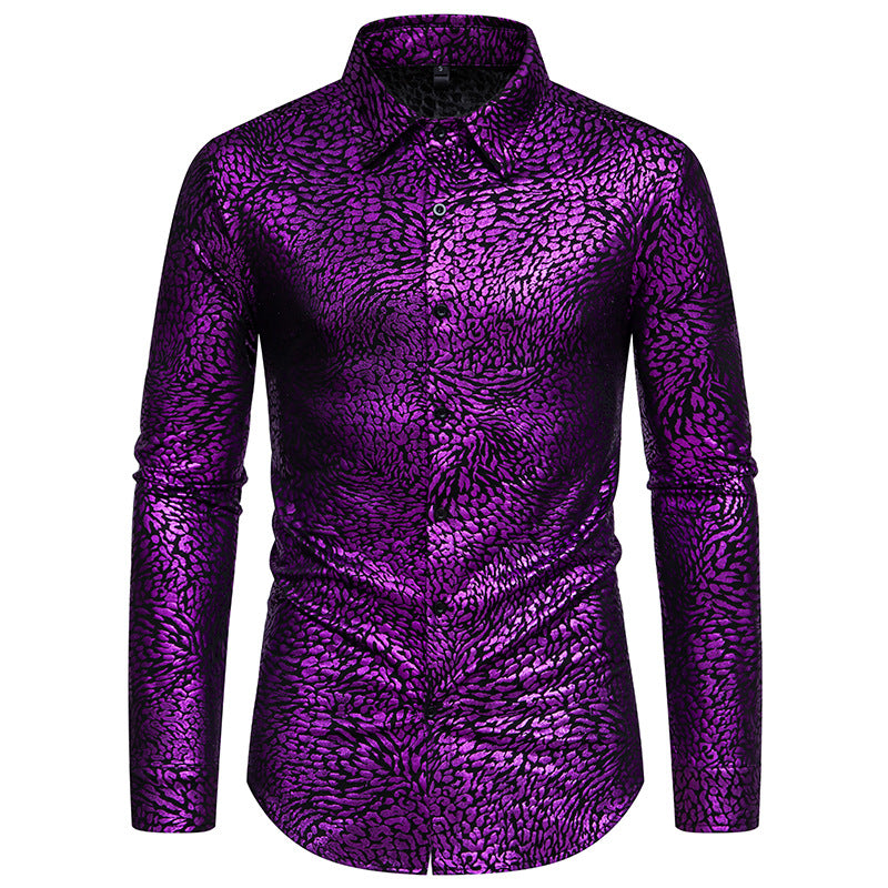 Men Leopard Patterns Glossy Turnover Collar Long Sleeves Shirt