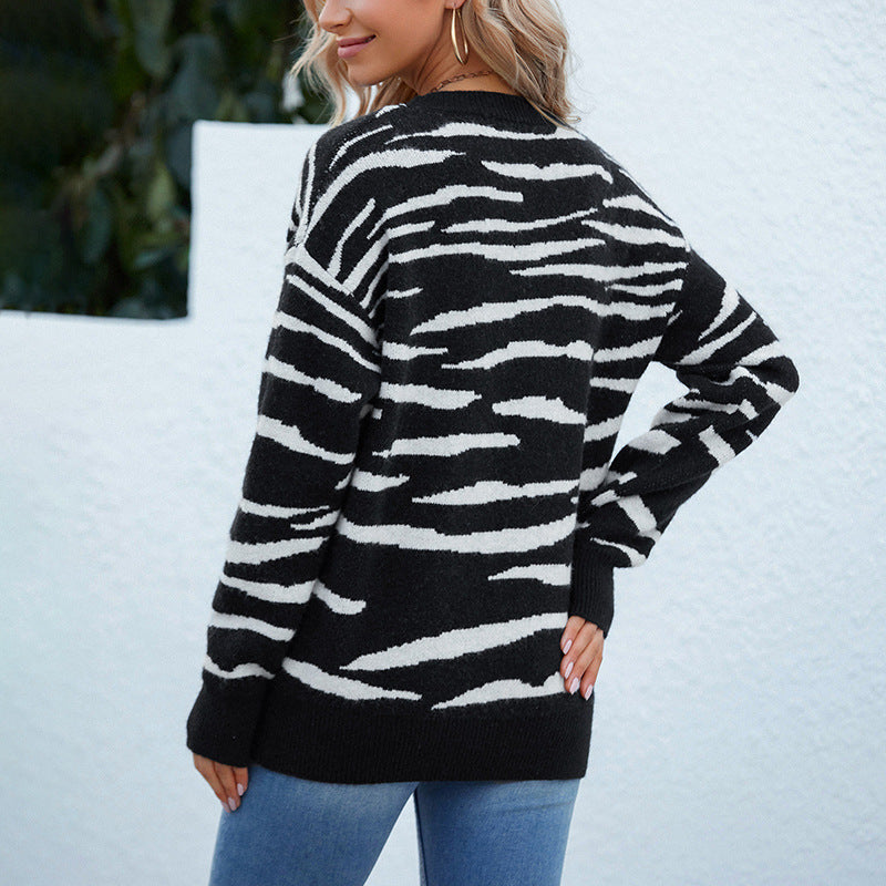 Women Sweaters Kniting Round Bows Pullover Zebra Long Sleeves