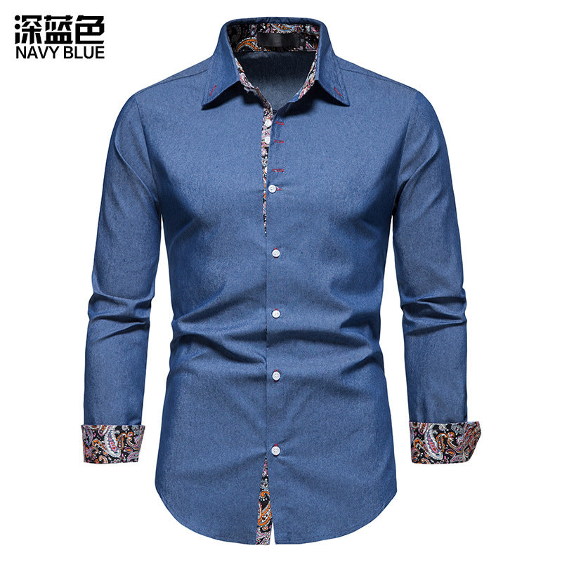 Men Turnover Collar Oriental Prints Long Sleeves Shirt