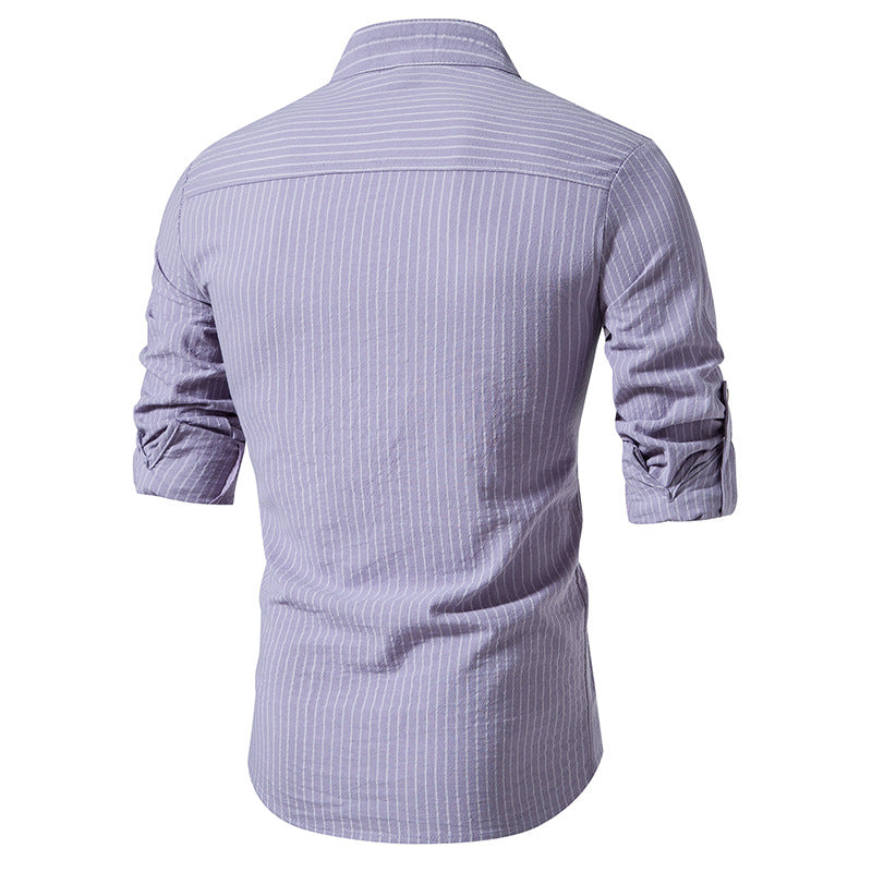 Men Turtleneck Buttons Stripes Long Sleeves T-Shirt