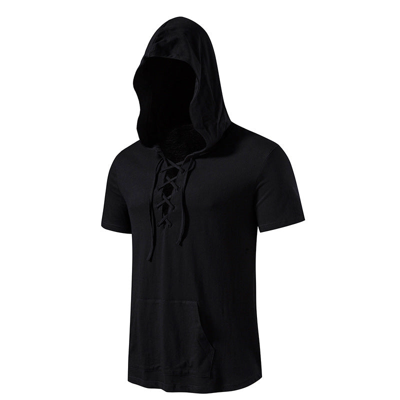 Men Short Sleeves Drawstring Hoody T-Shirt