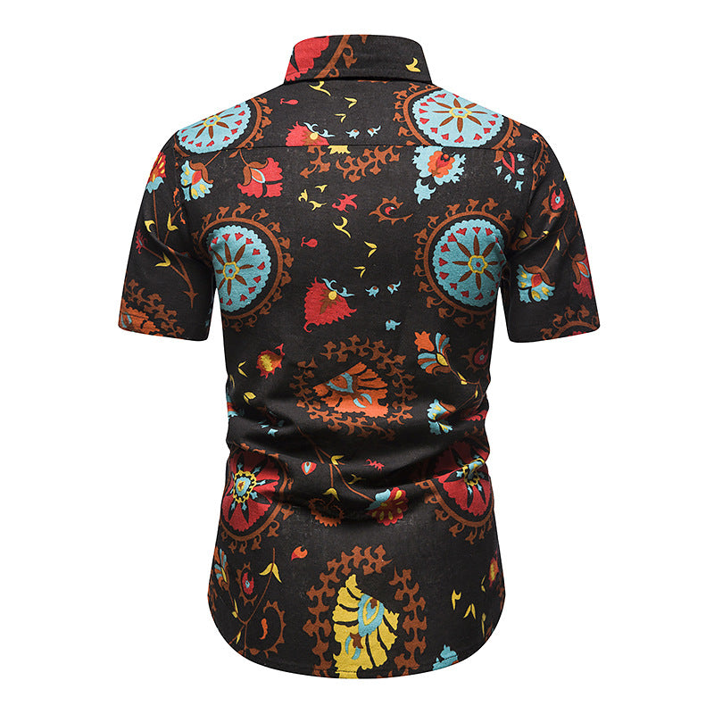 Men Turnover Collar Patchwork Short Sleeves Sandbeach Shirt