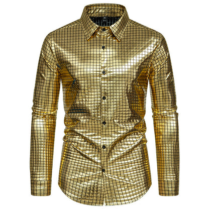 Men Turnover Collar Lattice Glossy Long Sleeves Shirt