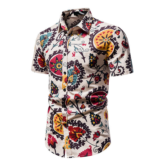 Men Turnover Collar Patchwork Short Sleeves Sandbeach Shirt