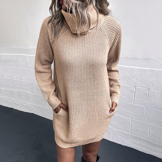 Women Sweaters Kniting Round Collar Pullover Plain High Collar Pockets