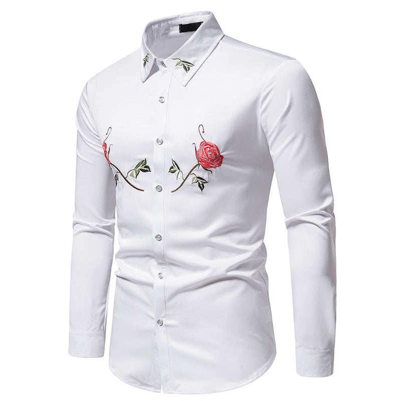 Men Turnover Collar Embroidery Floral Fabric Long Sleeves Shirt