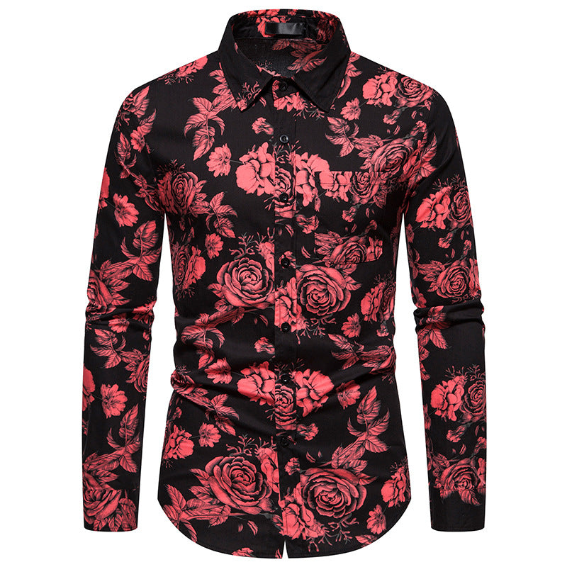 Men Turnover Collar Floral Fabric Prints Long Sleeves Shirt