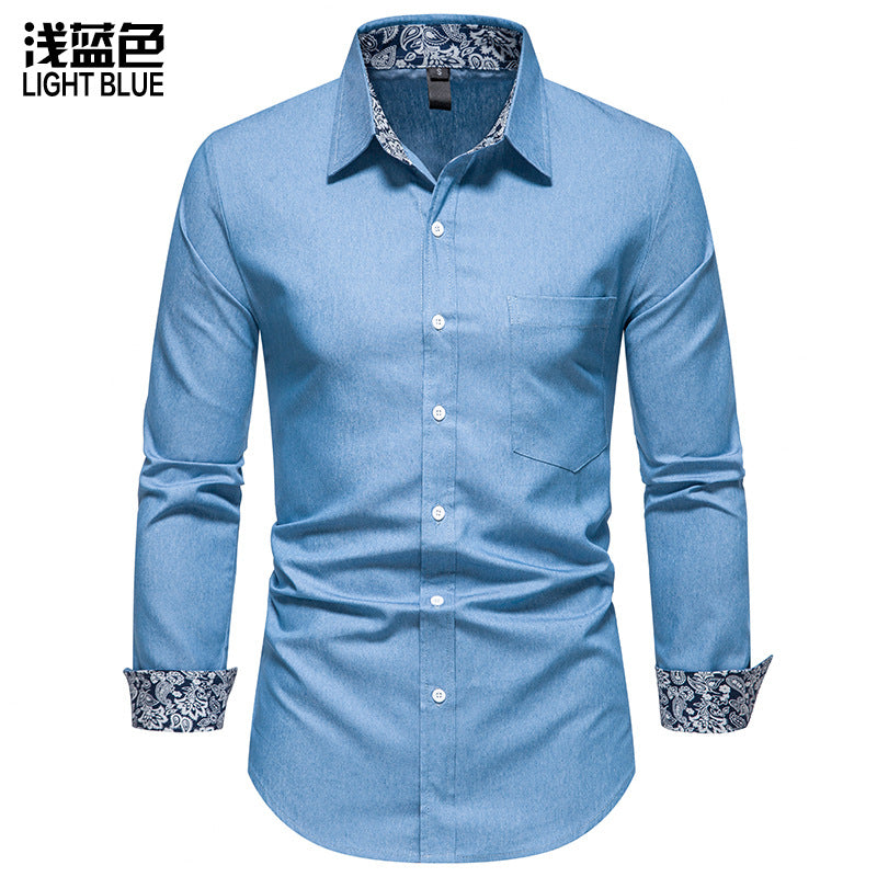 Men Turnover Collar Oriental Prints Long Sleeves Shirt