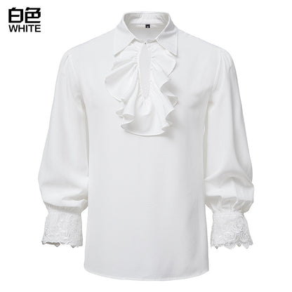 Men Ruffles Embroidery Turnover Collar Long Sleeves Shirt