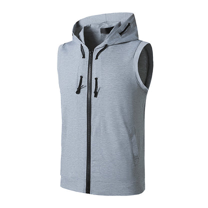 Men Slim Zippers Sleeveless Drawstring Hoody T-Shirt