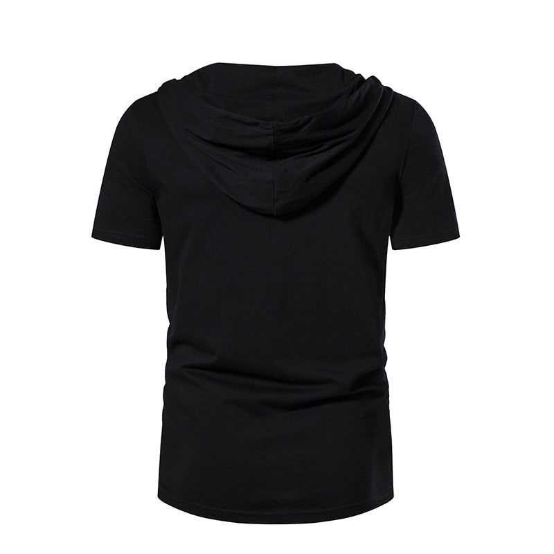 Men Short Sleeves Drawstring Hoody T-Shirt