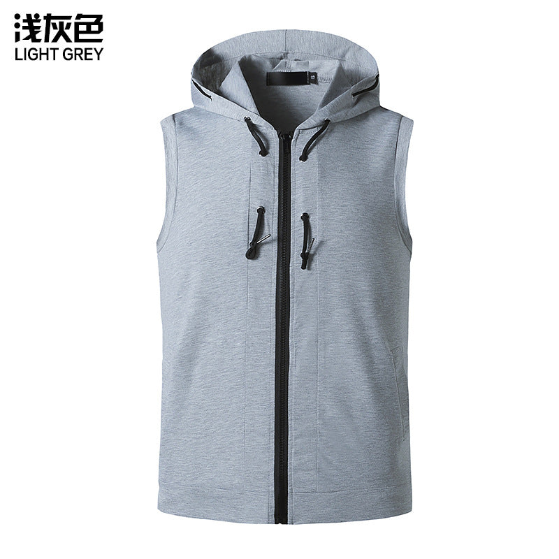 Men Slim Zippers Sleeveless Drawstring Hoody T-Shirt