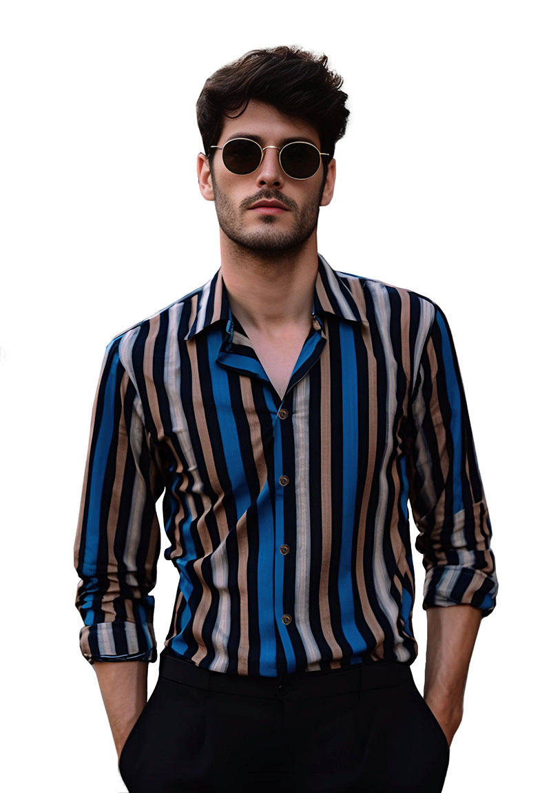 Men Turnover Collar Stripes Long Sleeves Shirt