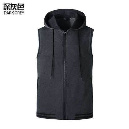 Men Sleeveless Zippers Drawstring Hoody T-Shirt