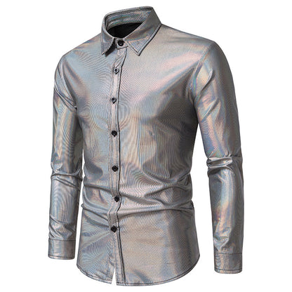 Men Turnover Collar Glossy Long Sleeves Shirt