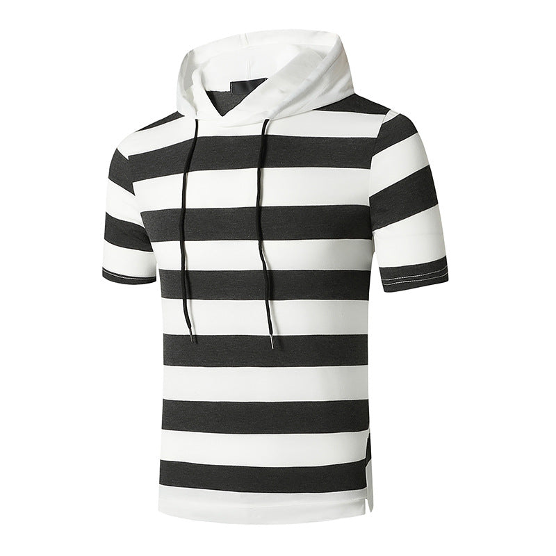 Men Slim Short Sleeves Stripes Drawstring Hoody T-Shirt