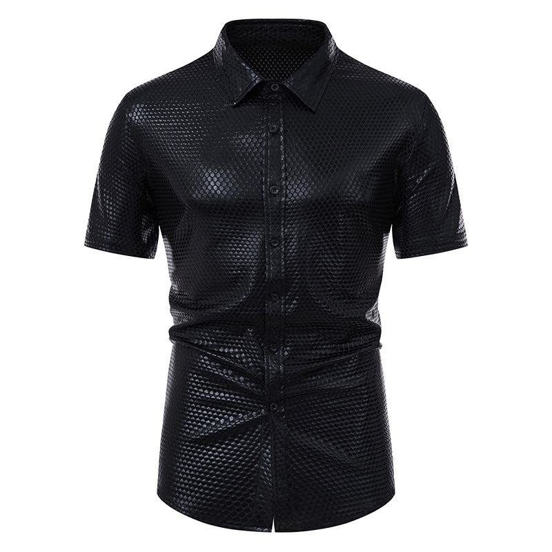 Men Turnover Collar Rhomboid Lattice Glossy Short Sleeves Shirt