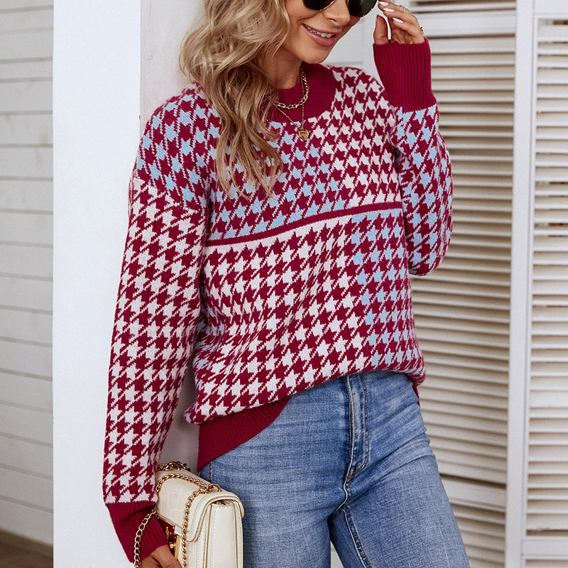 Women Sweaters Kniting Round Collar Pullover Bicolor Lattice Long Sleeve