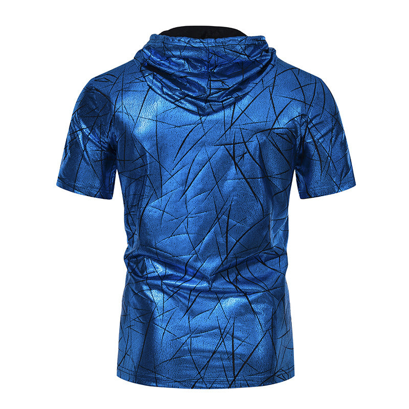 Men Pockets Short Sleeves Glossy Drawstring Hoody T-Shirt