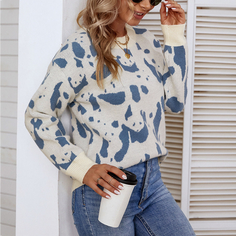 Women Sweaters Kniting Round Collar Pullover Bicolor Cows Printed Long Sleeve