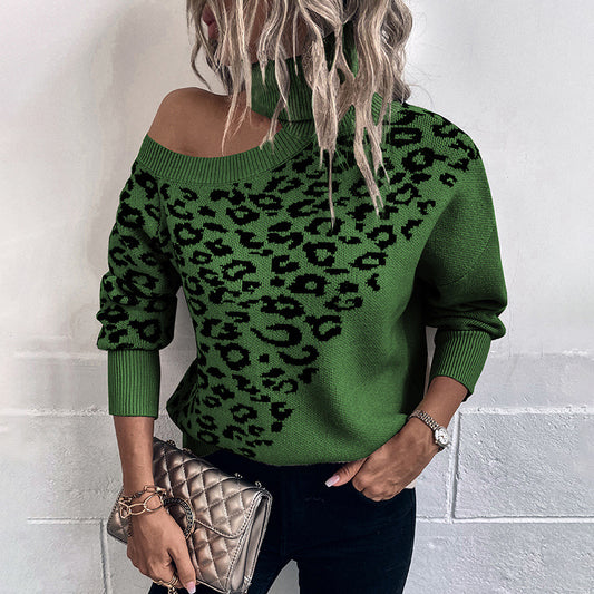 Women Sweaters Kniting Round Collar Pullover Leopard Off Shoulder